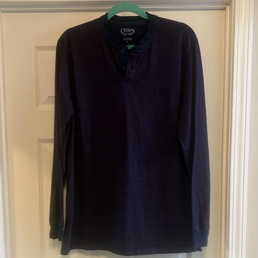 Men's Navy Blue/Red Stripe Long Sleeve Henley Tee